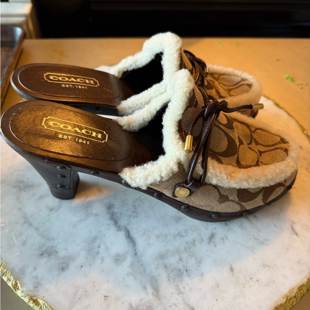 Coach Brown Signature Canvas Shearling-Trim Slip-On Mules - Picture 3 of 3